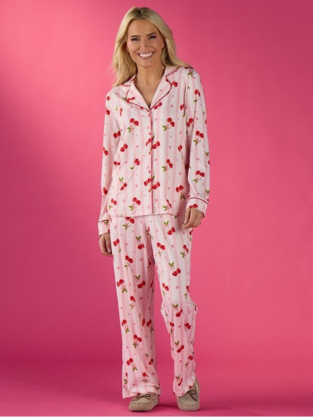 Women’s Pink Cherry-Print Long Pajama Set